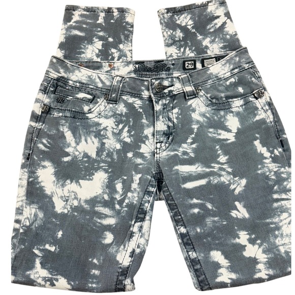 Miss Me Denim - Miss Me Skinny Jeans Grey White Tie Dye Embellished Wing Pocket Size 29